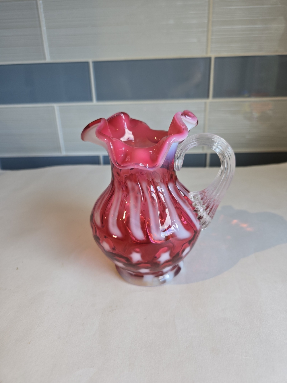 Fenton Pink and White Ruffled Handblown Glass Pitcher Vase Stars & Stripes